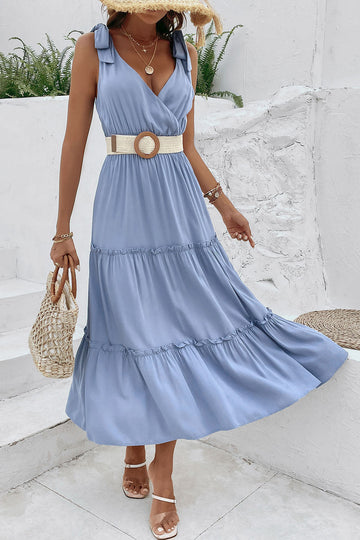 Grey Blue V-Neck A Line Ruffled Summer Dress with Belt